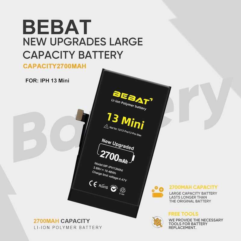 BEBAT Replacement for iPhone 13 MINI Battery, 2700mAh High Capacity Li-ion Polymer Replacement Battery for Model A2628 A2481 A2626 A2629 with Professional Repair Tool Kits - Image 4